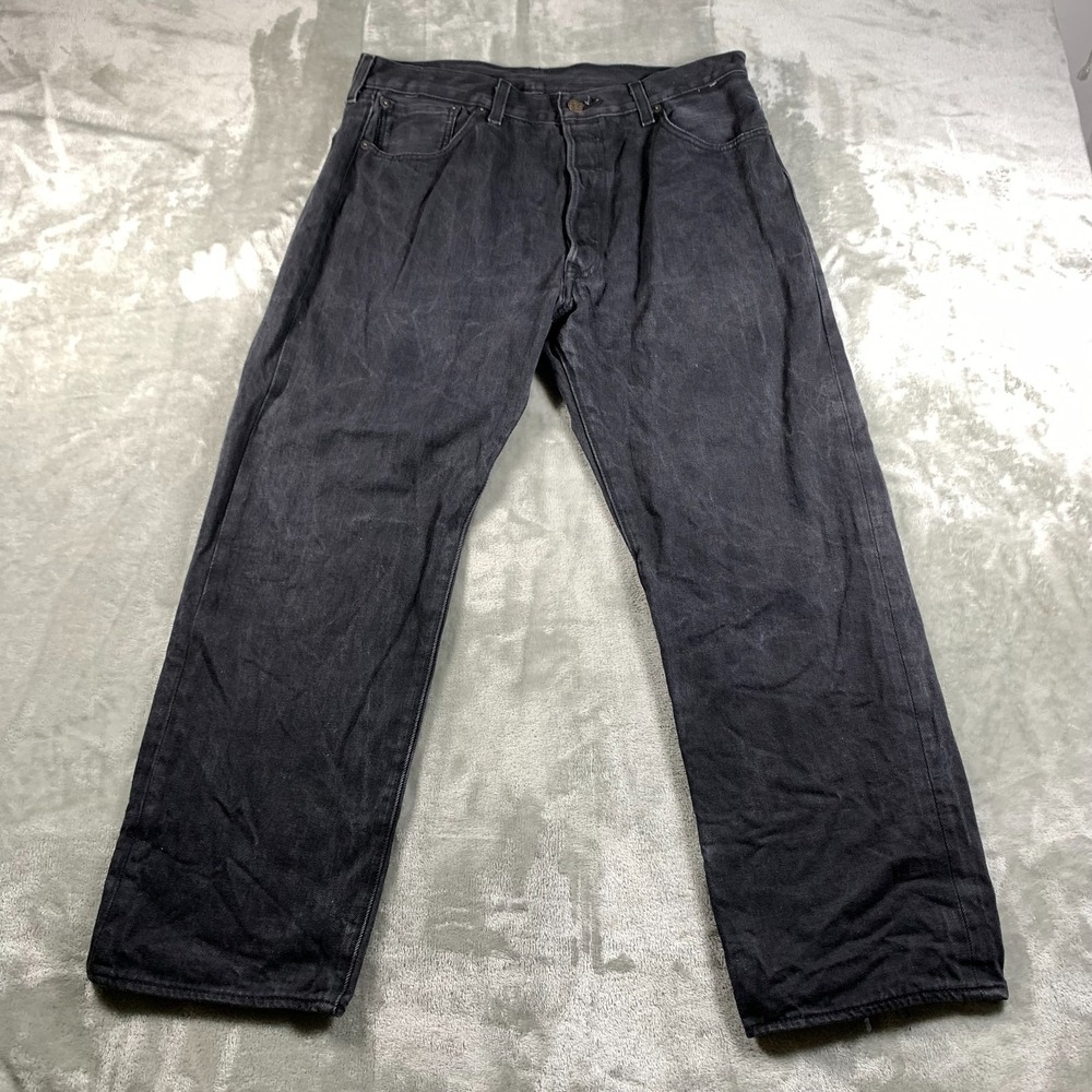Levis 501 Jeans Men 33x26 Black Button Fly Straight Distressed Hem Cotton Skater